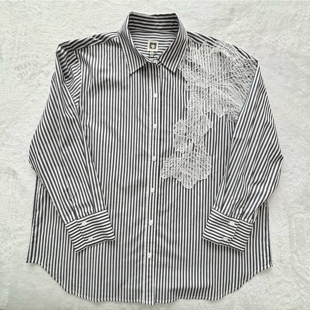 ANNE KLEIN Long Sleeve Pinstripe Lace Detail Button Down Shirt--NWT--XL